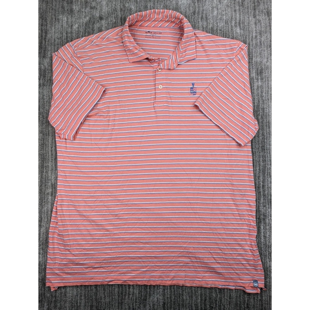 Peter Millar Seaside Polo Shirt Mens XL Pink Blue Striped Short Sleeve Pima
